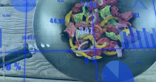 On data refresh, blue overlay animating over frying pan, graphs updating to show ingredient stats