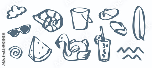 Collection of hand-drawn summer holiday icons. Tropical beach vacation doodles in minimalist brush stroke style. Vector set featuring watermelon slice, shell, and sunglasses for design.