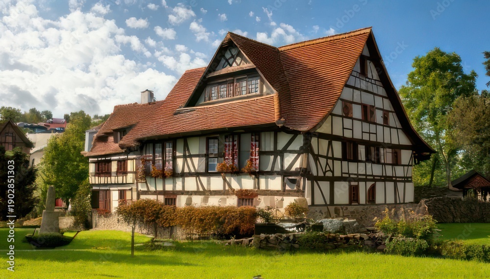 Obraz premium Charming timber-framed house nestled in lush green landscape, Germany.