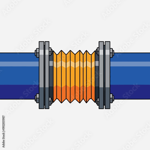 Flexible pipe connector with bellows and bolts on white background