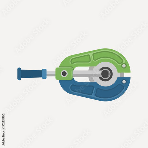 Industrial clamp tool, green and blue, isolated on white background