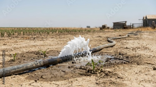Wasted Water Leaking from Broken Pipe in Dry Agricultural Field