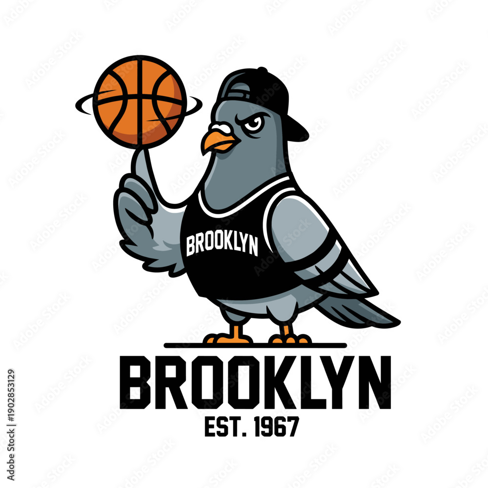 Obraz premium Brooklyn Pigeon Mascot Spinning Basketball