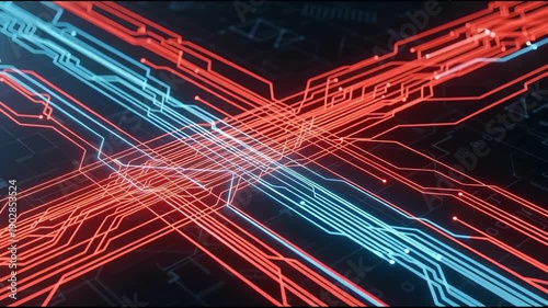 Abstract digital data stream crossing on dark background with red and blue lines