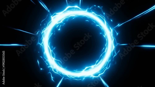 Blue Electric Energy Ring Portal Glowing on Black Background