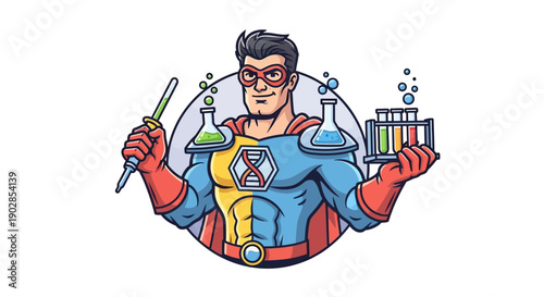 Superhero Scientist Conducts Experiments in Laboratory, Colorful Illustration Showcasing Science and Innovation