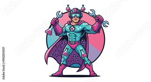 Action-Packed Superhero Mechanic Illustration, Fantasy Character Portrait, Whimsical Environment, Colorful Digital Art