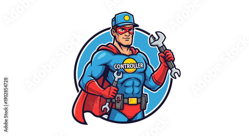 Superhero Controller with Tools, Comic Style Illustration, Creative Environment, Digital Art, Fun Concept