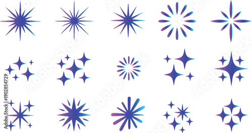 Collection of vibrant blue and purple starburst shapes and designs for decorative use in digital media and design projects starburst