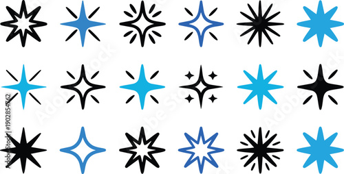 Collection of blue and black starburst shapes and symbols star icons