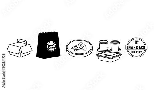 Takeout and Food Delivery Packaging Outline Icons Thin Line