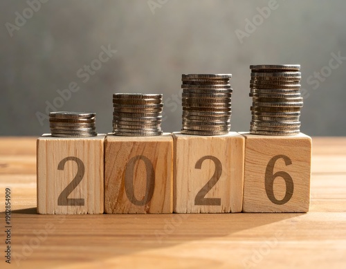 Wallpaper Mural Coins stacked atop wooden blocks displaying "2026," suggesting growth Torontodigital.ca