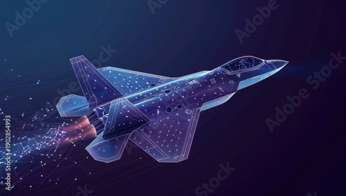 Fighter jet flying, polygon mesh design against abstract backdrop for tech industry