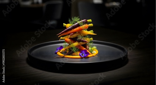 Gourmet roasted colorful baby carrots stack with puree and edible flowers. Healthy vegan fine dining appetizer on black plate in dark moody background.