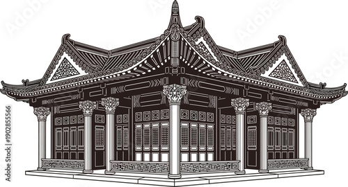 Detailed black and white vector illustration of a traditional Chinese temple or oriental pavilion with intricate roof and pillars, isolated.