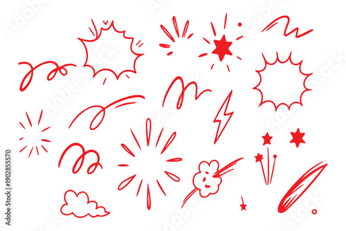 Comic cartoon line explosive effect, speed burst motion element set. Comic boom burst, explosive smoke, line speed cartoon element icon. Hand drawn sketch action boom effect. Vector illustration 