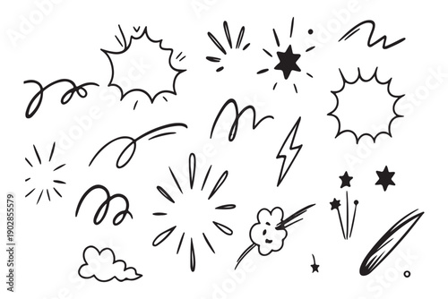 Comic cartoon line explosive effect, speed burst motion element set. Comic boom burst, explosive smoke, line speed cartoon element icon. Hand drawn sketch action boom effect. Vector illustration 