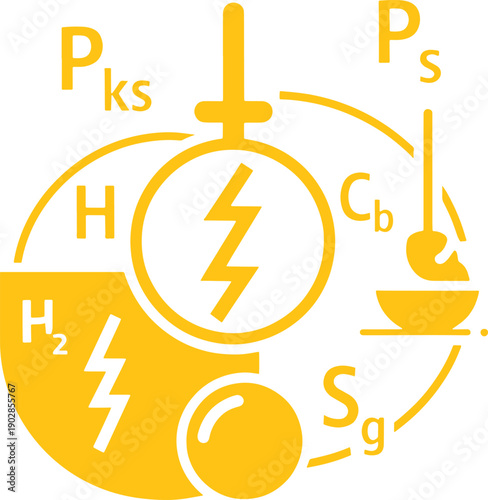 Yellow energy cycle diagram with lightning and chemical symbols on white background