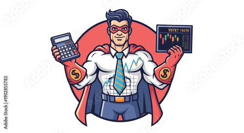 Heroic Financial Expert Analyzing Data with Calculator and Tablet in a Dynamic Office Environment