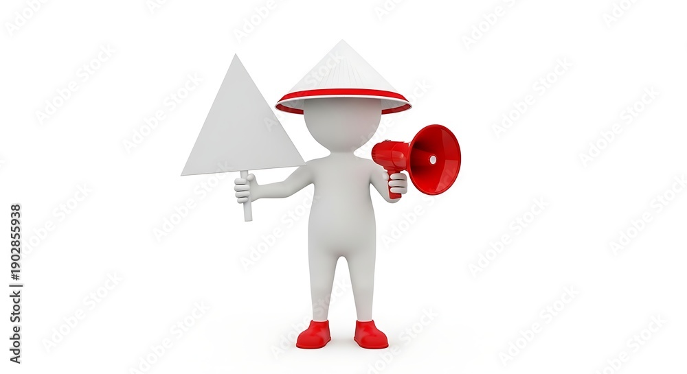 Naklejka premium Alien figure holding a megaphone and a triangular object.