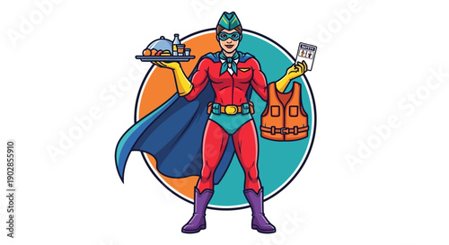 Heroic Superhero with Food and Safety Gear in Colorful Graphic Design Illustration