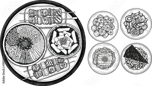 Hand drawn Korean food illustration set, bibimbap, tteokbokki, skewers and side dishes, black and white engraved sketch style, traditional Asian cuisine.