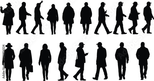 Urban walking people silhouettes set, men and women pedestrians in coats, hats, everyday motion isolated white background illustration collection concept
