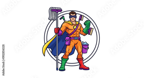 Superhero with Mop and Cleaning Supplies in Colorful Costume, Fun Illustration, Whimsical Environment, Dynamic Viewpoint