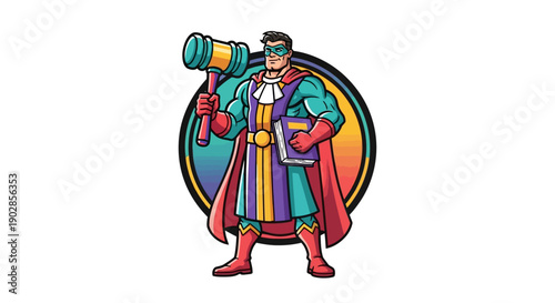 Heroic Judge with Gavel, Comic Style Illustration, Legal Theme, Vibrant Colors, Digital Art