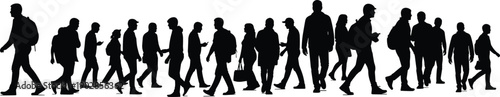 Walking crowd silhouettes panorama, diverse people moving forward together, urban pedestrian flow isolated white background illustration concept, vector design set