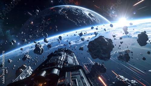 Space scene with planet, ship, asteroid field, and sun