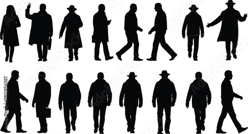Walking men silhouettes collection, anonymous male pedestrians in coats and hats, urban motion poses isolated white background illustration set concept