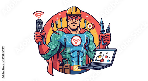 Heroic Tech Worker Fixing Wi-Fi Issues at Home, Digital Illustration, Colorful Background, Energetic Vibe
