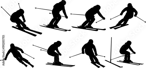 Alpine skiing action silhouettes collection featuring downhill skier poses with poles and skis for winter sports competition training vector illustration set isolated