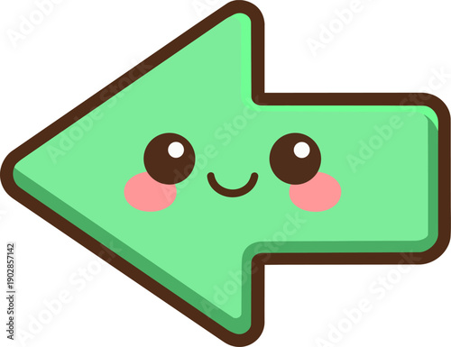Cute kawaii left arrow icon with smiling face flat vector illustration isolated on white background.
