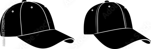Black baseball cap silhouette illustration isolated on white background showing two angles, minimalist headwear design for fashion branding, apparel mockups, sportswear promotion
