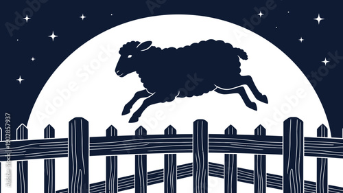 Counting sheep jumping over a fence at night.