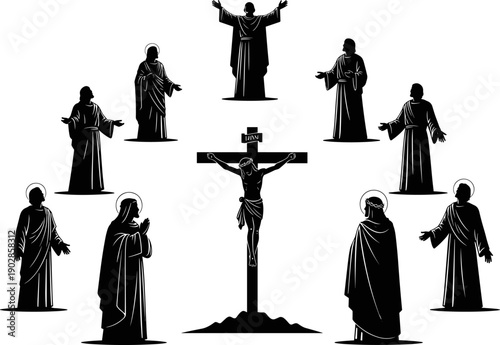 Christian religious silhouettes collection featuring Jesus Christ crucifixion saints praying figures and sacred gestures for church faith worship vector illustration set 
