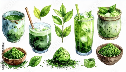Watercolor Matcha Tea Collection - Bowls, Drinks, and Leaves.
