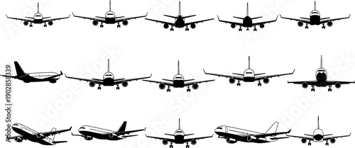 Commercial Airplane Silhouette Collection Displaying Multiple Front and Perspective Views of Modern Passenger Jets, Airline Aviation Transport, Flight Takeoff and Landing Concepts