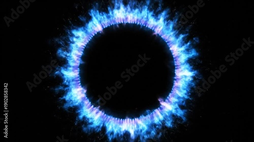 Abstract Blue Fire Ring Portal Effect on Black Background.