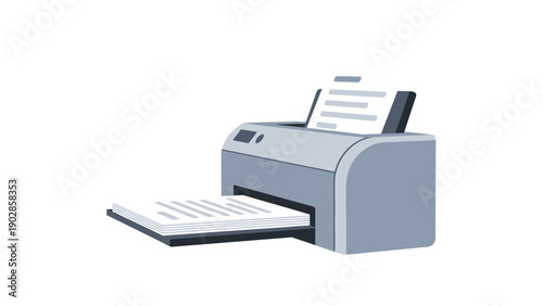 A gray office printer with paper.