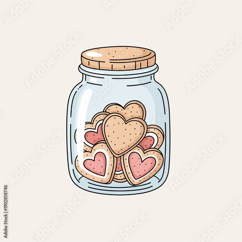 Heart-shaped cookies baked with love and stored in a glass jar on a light background