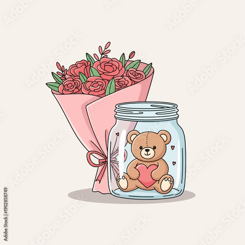 Sweet romantic illustration with a lovely bouquet of red roses and a cute teddy bear holding a heart enclosed in a glass jar, symbolizing affection and thoughtful gifts