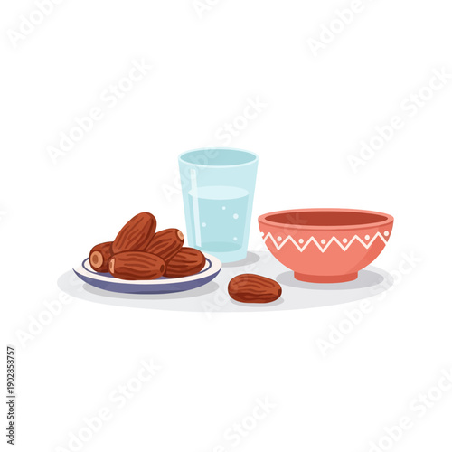 Nutritious dates on a plate with a refreshing glass of water and an ornate empty bowl, perfect for a healthy snack or light meal