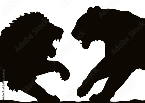 silhouette of a tiger and a lion fighting on a white background