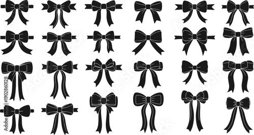 Decorative ribbon bow silhouette collection featuring elegant gift wrapping bows, festive ornaments and fashion accessories, black vector illustration isolated on white for packaging, holidays 
