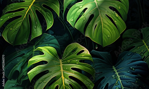 Tropical monstera leaves illustration with raindrops and sunbeams. nature background. foliage digital art.
