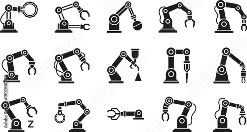 Industrial robotic arm icon set, mechanical automation silhouettes for manufacturing, assembly line engineering, factory technology concepts, vector illustration collection industrial design symbols 