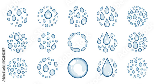 A set of blue water droplets and bubbles in various shapes and sizes on a